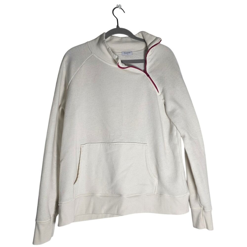 Peloton Side Zip Pullover XL Cream Raspberry Logo Athleisure Cozy Minimalist